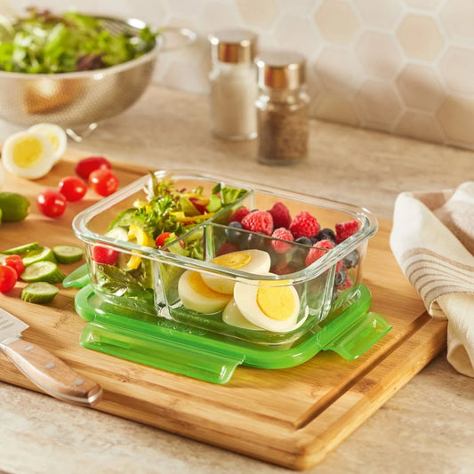 Pyrex® MealBox™ 4-cup Divided Glass Food Storage Container with Green Lid