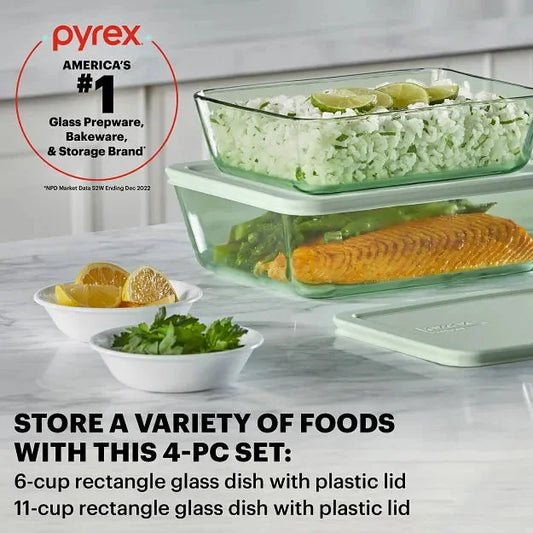Pyrex® Simply Store® Tinted 4-piece Rectangle Storage Set with Green Plastic Lids